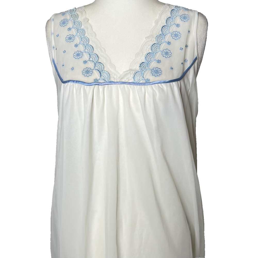 Deena Vtg Negligee Gown Maxi Chiffon Overlay Blue Embroidery Wedding 50's Large - Picture 2 of 7